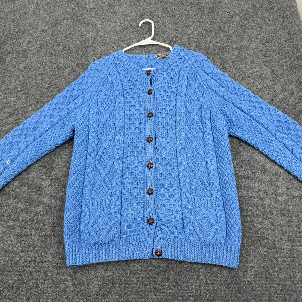 Vintage Tigh Peat Phaidi Cardigan Womens Blue Wool Cable Knit Aran Irish Cottage
